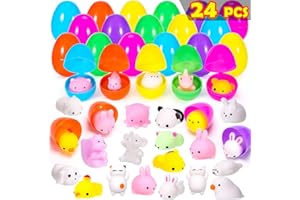 YEAHBEER 24 Pcs Mochi Squishy Toys Filled Easter Eggs, Mini Soft Animal Squishy Stress Relief Toys for Easter Basket Fillers Easter Egg Hunt Party Supplies