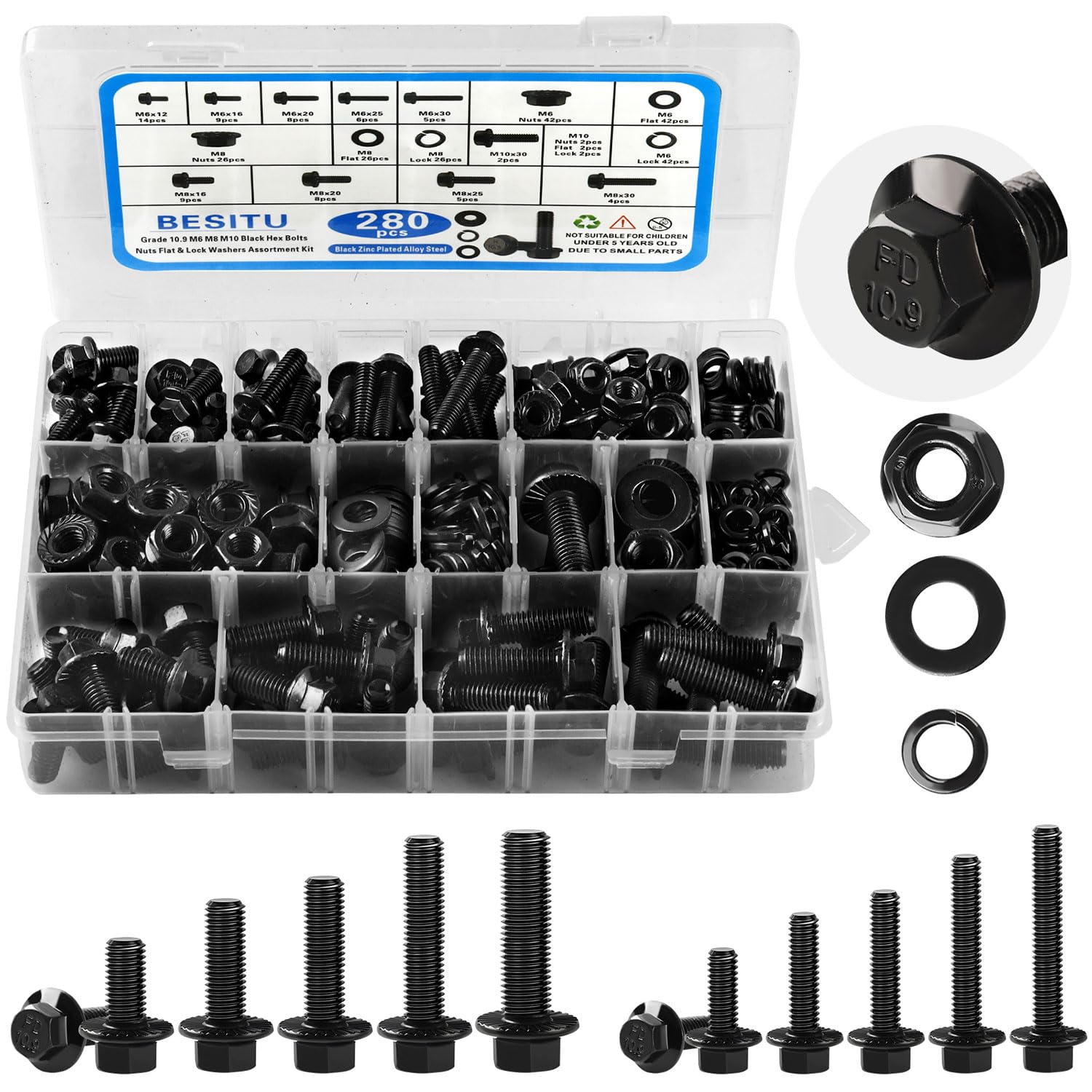 Photo 1 of Besitu 280Pcs Metric Flange Bolt Assortment, M6x1.0, M8x1.25, M10x1.5 (12mm to 30mm) Assorted Hex Bolts and Nuts Washers Kit for Automotive, 10.9 Black Zinc Galvanized