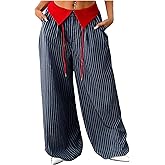 Verdusa Women's Striped Wide Leg Pants Baggy Long Trousers with Pockets Business Casual Pants