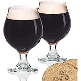 ECODESIGN-US Beer Glasses Belgian Style Tulip - 16 Oz - Set of 2 w/Coasters - Birthday Housewarming Bachelor Party Glassware Gift