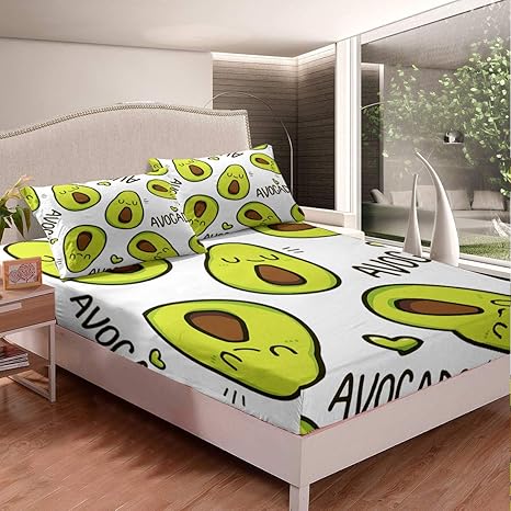 Amazon Com Kids Green Fitted Sheets Queen Boys Grey Bed Sheet Set Queen Microfiber Fruits Avocado Girls Bed Cover Queen For Teens Breathable Cartoon Cute Bedding Set Home Kitchen