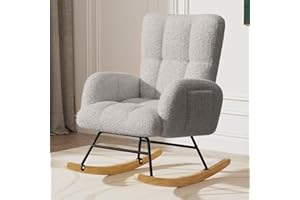 LUCKLIFE Rocking Chair Nursery,Teddy Upholstered Glider Rocker Chair with High Backrest,Reading Chair Modern Rocking Accent Chairs with Side Pockets for Living Room,Bedroom (Grey)