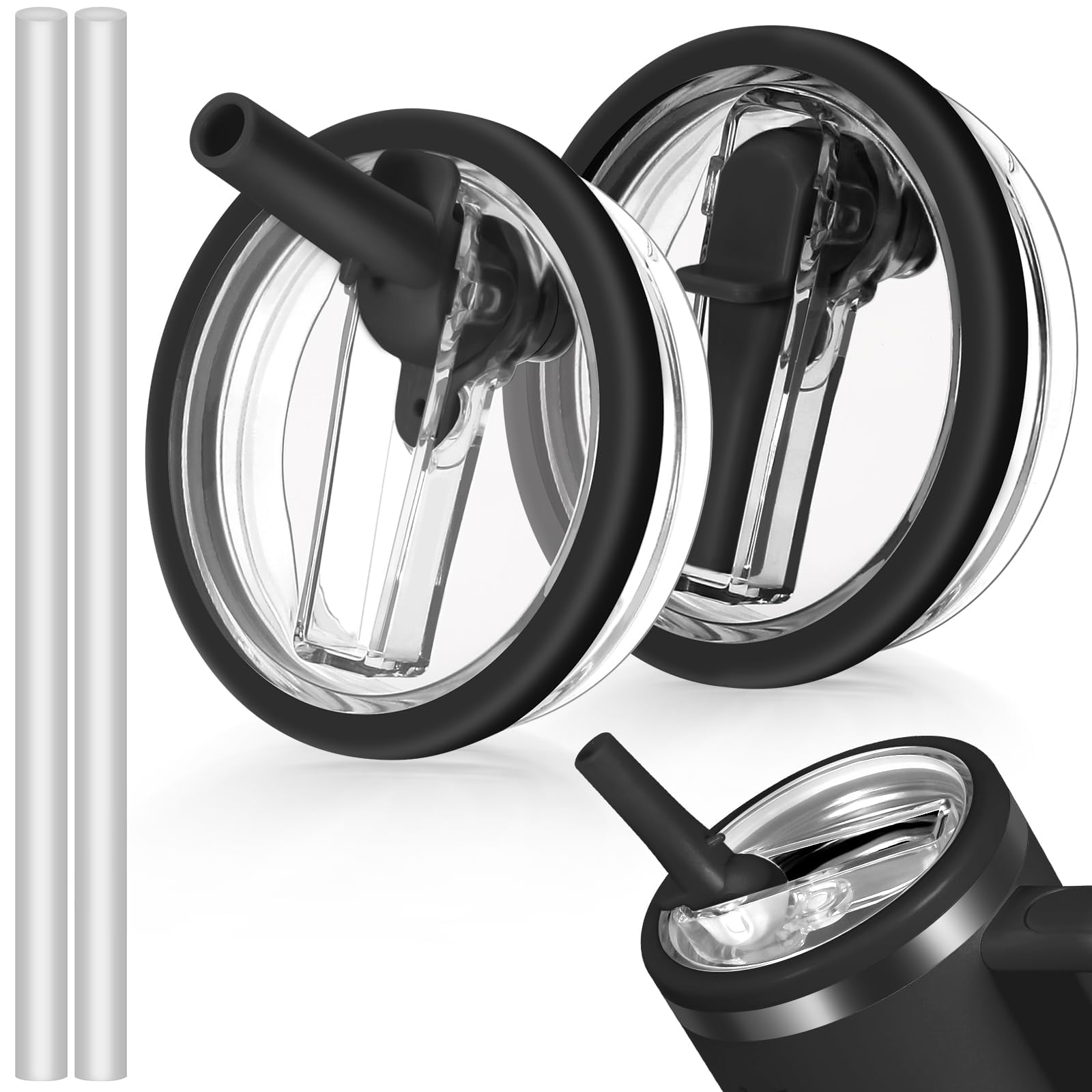 Photo 1 of 2 Pcs 40 oz Leak-Proof Flip Straw Lid, Compatible with Stanley Quencher Tumbler, 40 oz Water Mug, Spill-Proof Cover, Perfect Replacement for Stanley (Black)