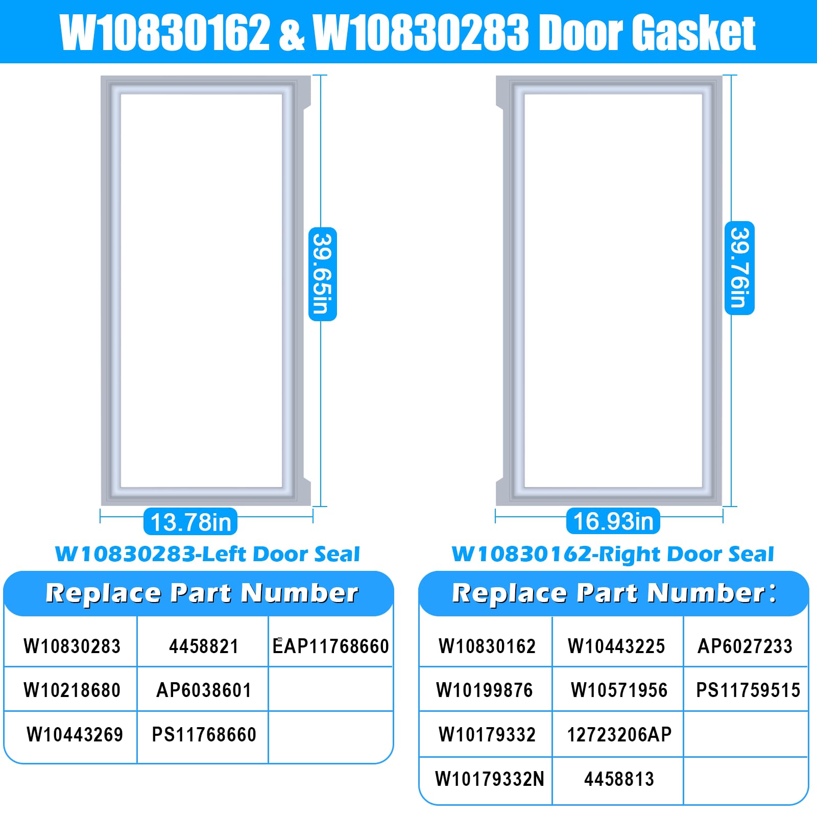 Condition photo showing New/Like New for upgraded w10830162 (right) & w10830283 (left) refrigerator door gasket compatible with whirlpool ref