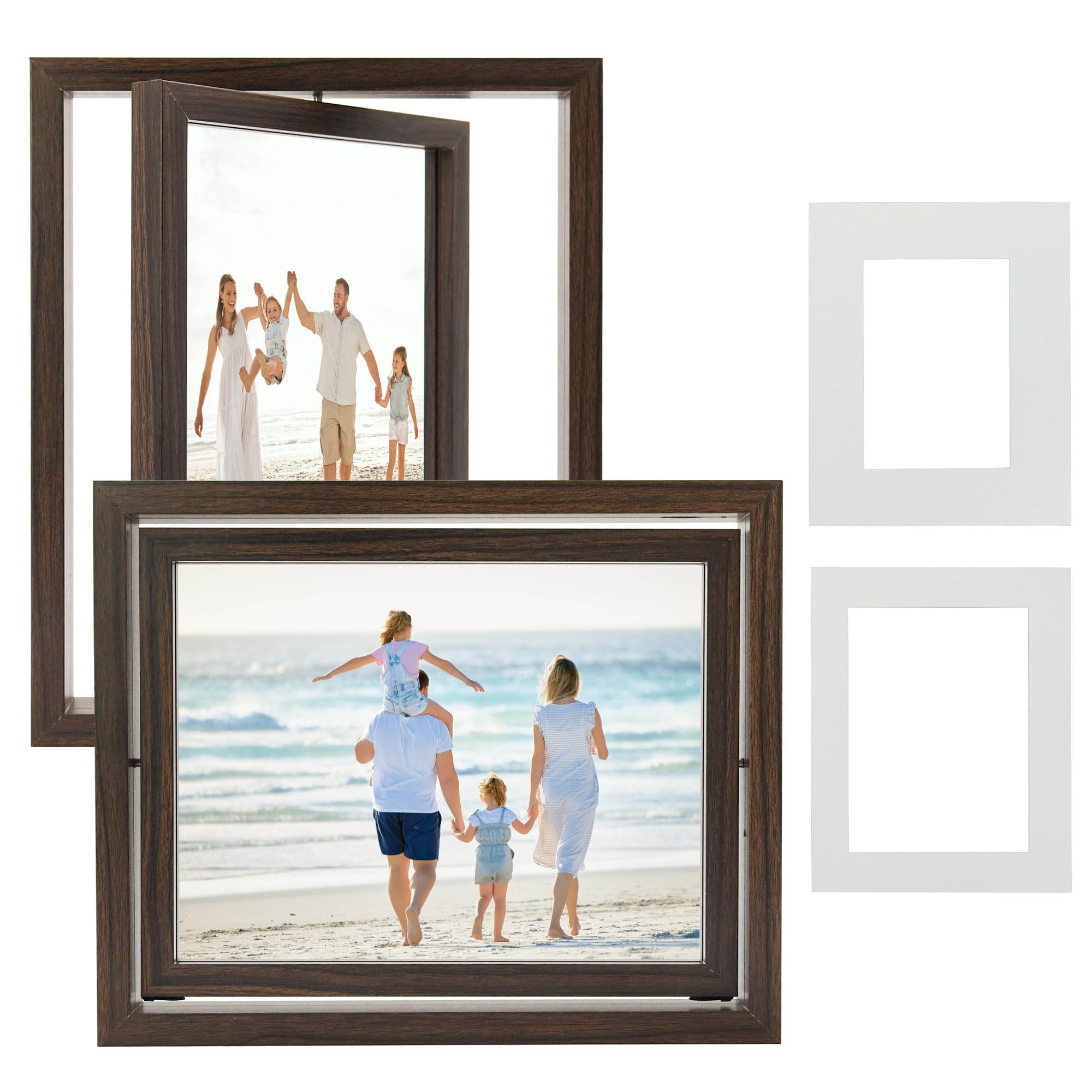 Photo 1 of FramePro 2-Pack Rotating Double Sided Picture Frame - 8x10 Floating Double Plexiglass Desk Frames Vertical/Horizontal Display, Brown Wood with 5x7/6x8 Photo Mats