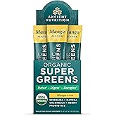 Ancient Nutrition SuperGreens Powder with Probiotics, Organic Mango Flavor Greens, Made from Real Fruits, Vegetables and Herbs, Digestive and Energy Support, 16 Stick Packs, 4.3oz