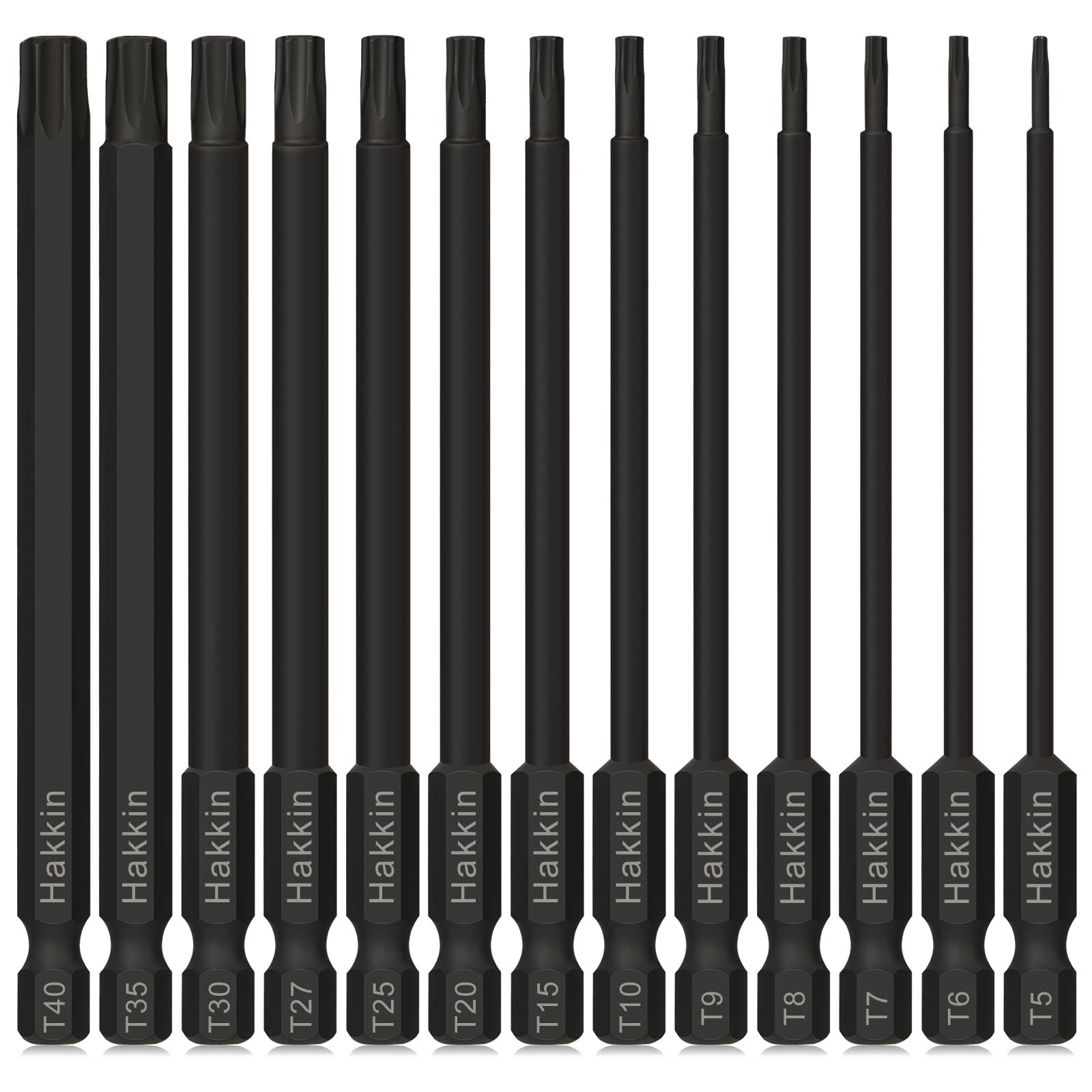 Torx Bit Set Hakkin 13Pcs 100mm Long Torx Bits S2 Steel Torx Screwdriver Sets Tamper Proof Security Bits 1/4” Hex Shank Magnetic T5-T40 Phosphate Treatment