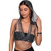UniqKaliber Rhinestone Mesh Tops for Women Sexy Hood Shirt Hollow Out Tops Party Clubwear Bikini Crop Top