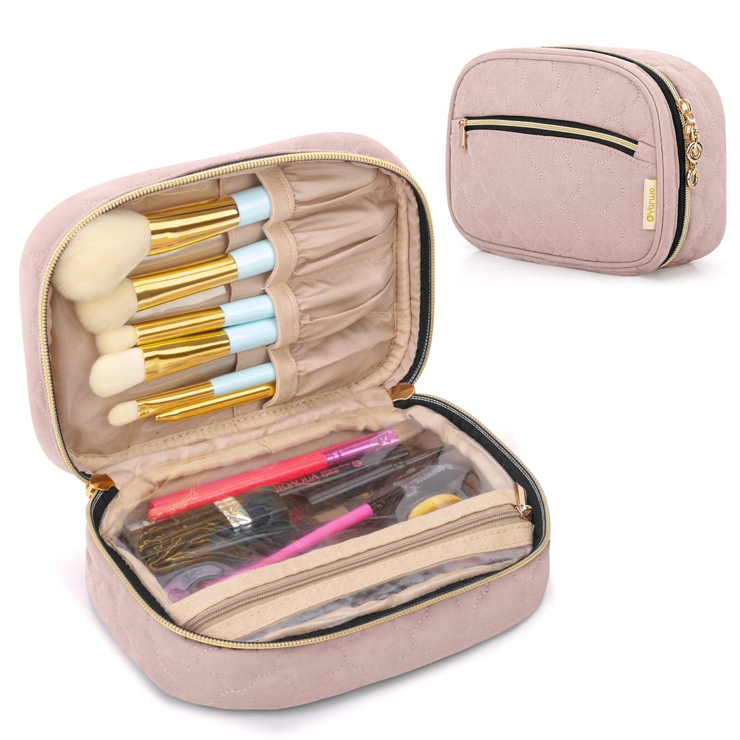 Yarwo Mini Makeup Brush Organiser, Portable Travel Cosmetic Bag for Brush Set (up to 18.5cm), Vintage Rose