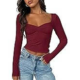 TiulZial Women's Long Sleeve Going Out Crop Top Sexy Pleated Trendy Shirt Sweetheart Neck Y2K Ruched Cropped Tops