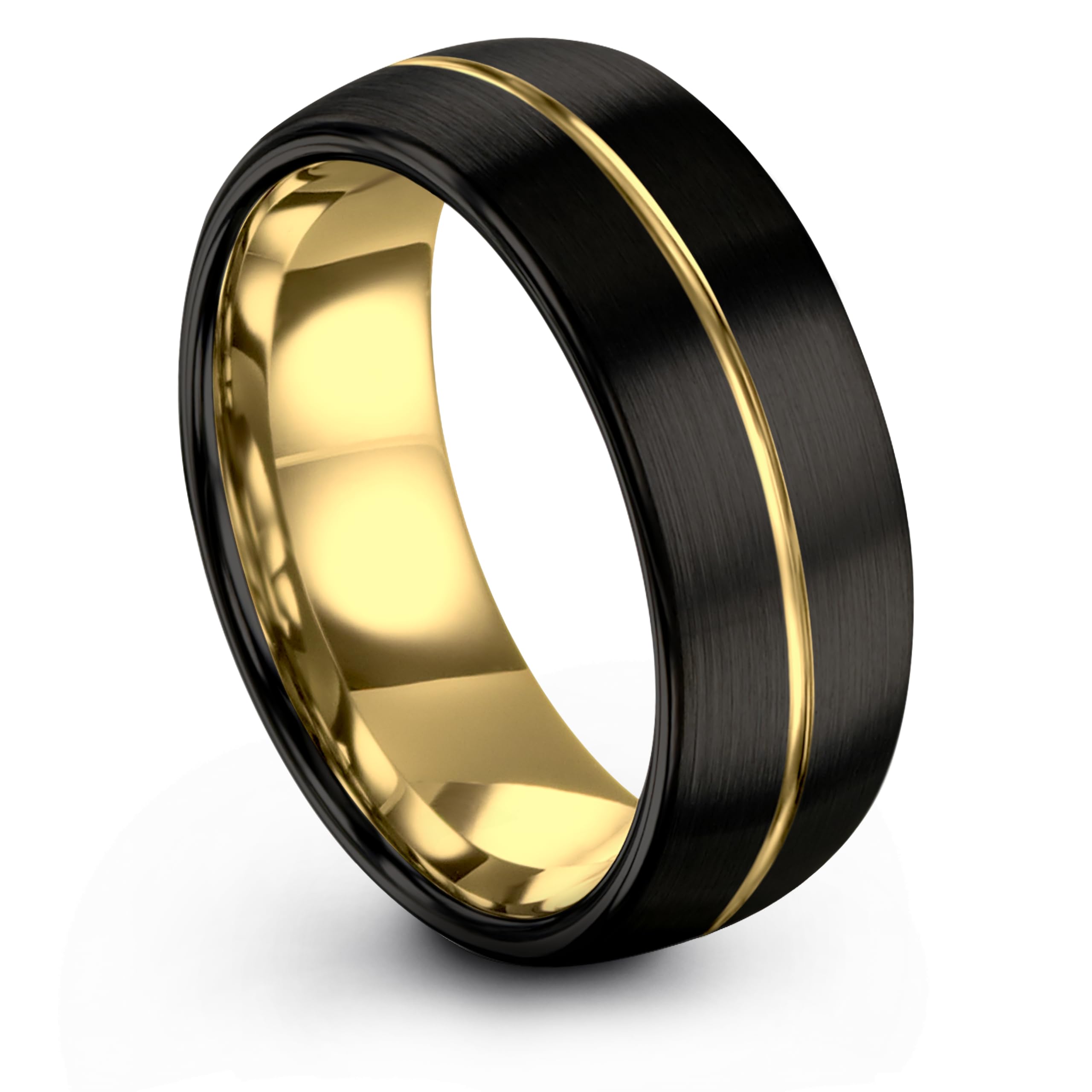 Anillo de boda de tungsteno de la colección Midnight Rose de 0.315 in para hombres y mujeres, chapado en oro amarillo de 18 quilates, cúpula negra pulida cepillada, tamaño 12,5