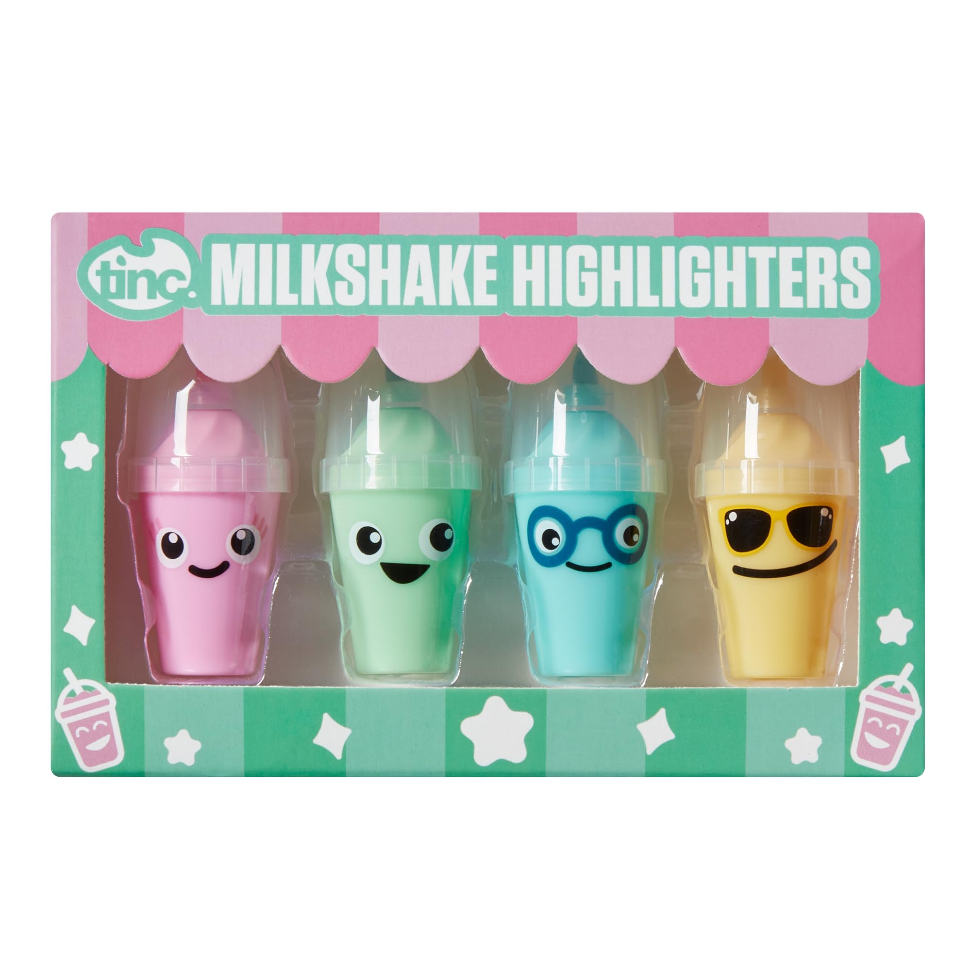 Tinc Milkshake Shaped Coloured Highlighter Pens for Kids | For use at School & Homework - Four Funky Colours - Yellow Green Blue and Pink