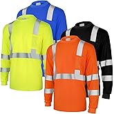 Amylove 4 Pcs Long Sleeve Safety Shirt High Visibility Reflective Construction Work Shirts for Men Women(L,Yellow, Orange, Black, Blue)