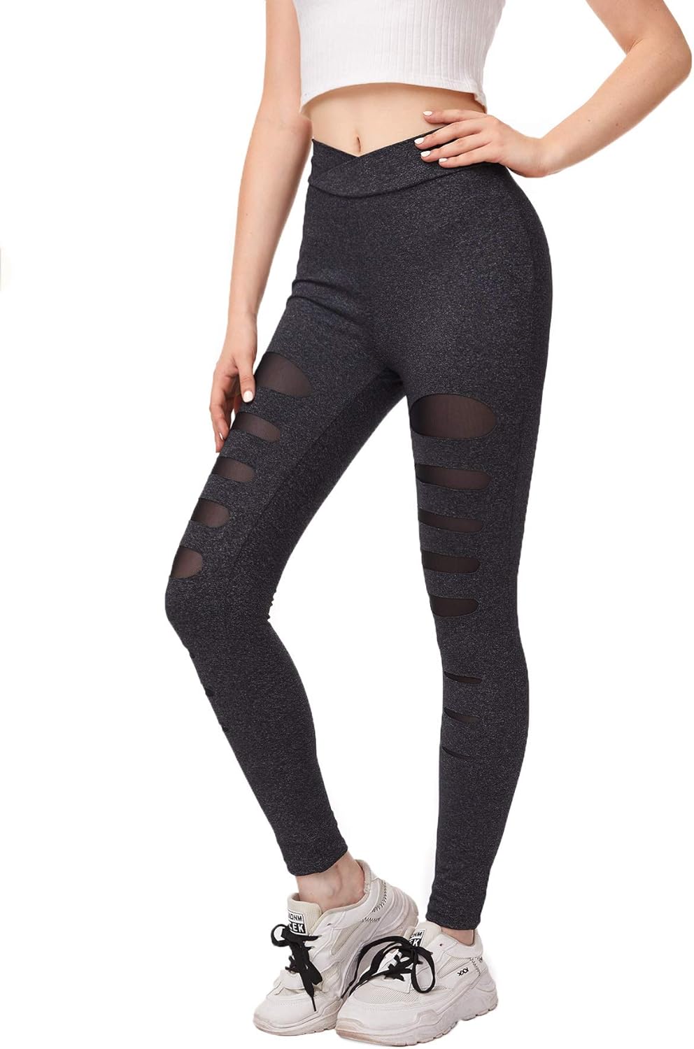 SweatyRocks Women's Legging Mesh Insert Ripped Tights Yoga Slim Pants at  Women’s Clothing store