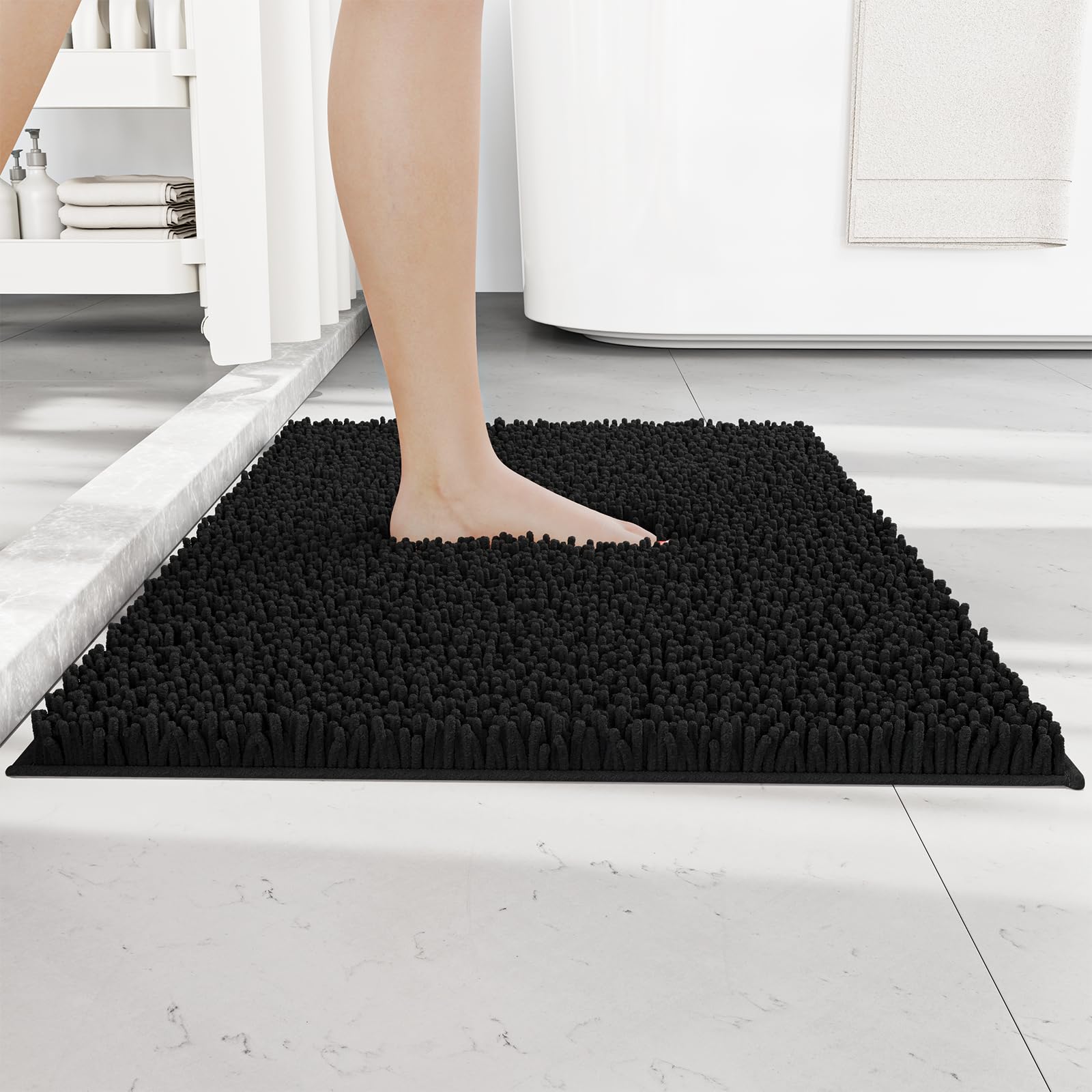 RUN HELIX Non Slip Chenille Bath Mat, Versatile Soft Bathroom Mat & Shower Mat, Machine Washable Absorbent Bath Mats for Bathroom, Living Room, Kitchen, Bedroom & Indoor Scenes, 50x80cm, Black