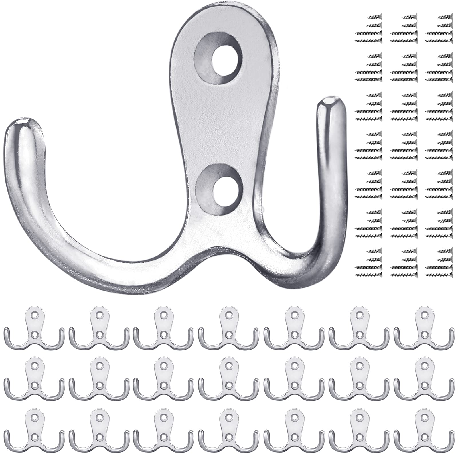 Gorffy Door Hooks 20PCS, Retro Silver Double Heavy Duty Metal Coat Hook with 80 Screws for Hanging, Robe, Towel, Coat, Bag & Hat (Silver, 20PCS) — image 1