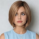 XIUFAXIRUSI XIUFAXIRUSI Short Brown Mix Blonde Highlights Classic Bob Wigs for Women Layered Straight Short Hair Wig with Side Part Dark Root Natural Synthetic Wig
