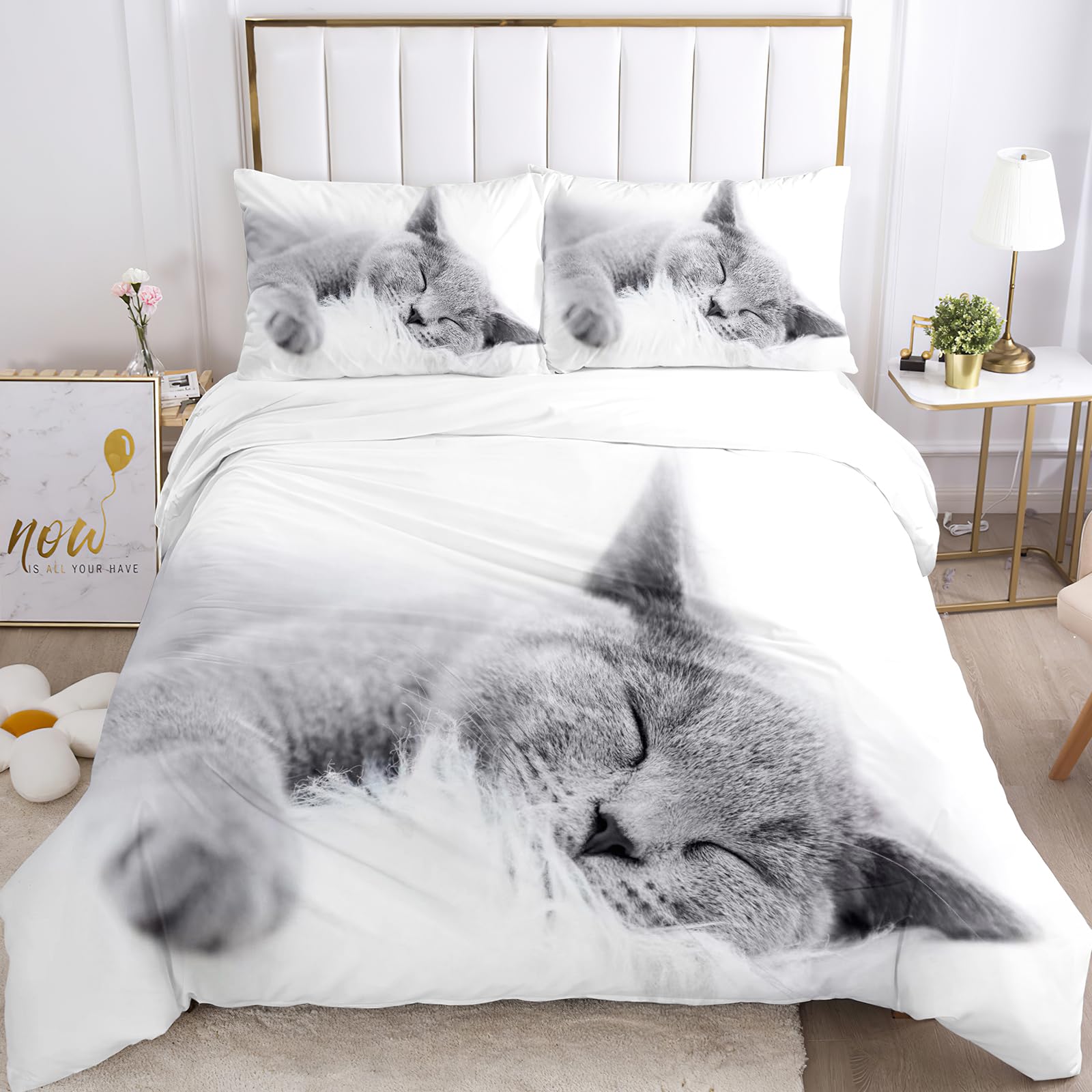 UGZDEA Cat Bed Linen Set 135x200cm, Cute 3D Pet Cat Soft Microfibre Quilted Board Set Girls Boys Children Bedding with Duvet Cover and Pillowcase (Single（135x200cm）, A)