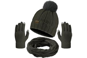 Passionbility Winter Beanie Hat Circle Scarf Touchscreen Gloves Set, Snow Knit Skull Cap, Warm Thick Fleece Lined Neck Warmer