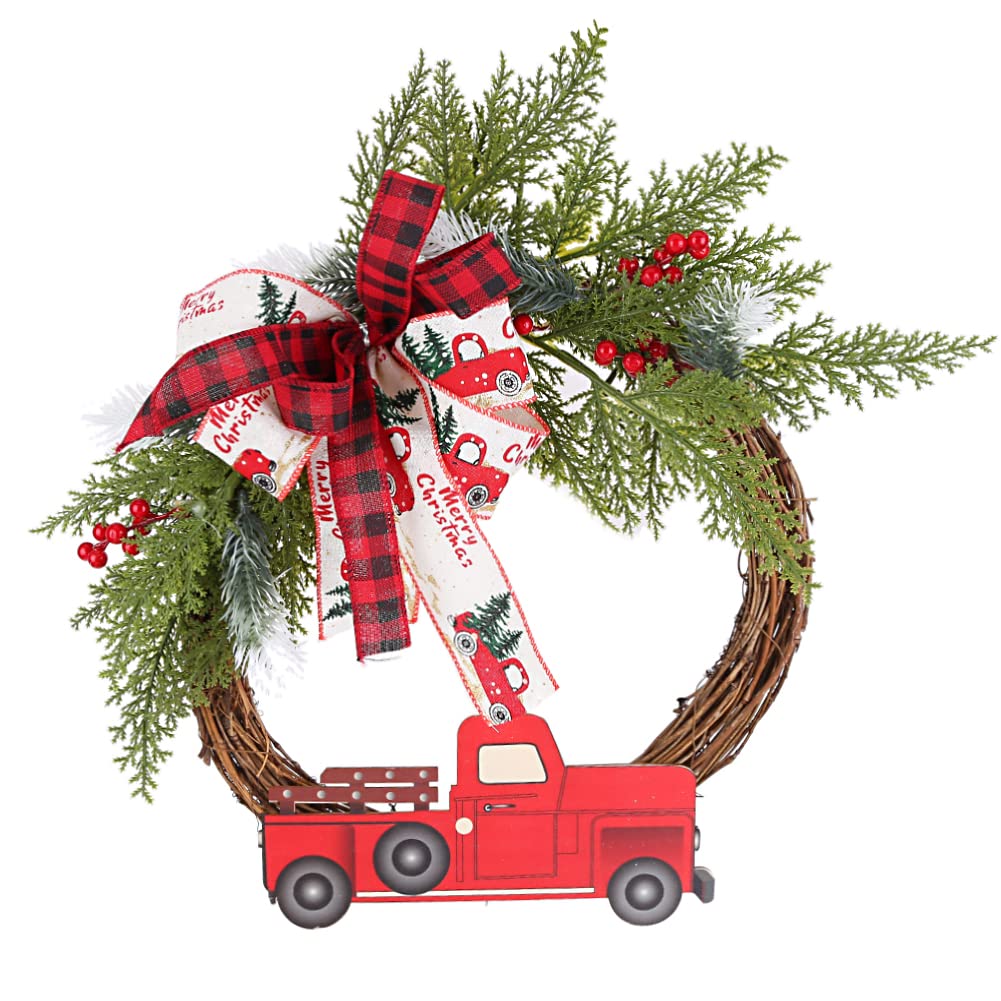 Uposao Red Truck Christmas Wreath for Front Door Decor, Rustic Natural Rattan Wreath with Buffalo Plaid Bowknot and Red Berry, Farmhouse Christmas Wreath for Wall Door Hanging Thanksgiving