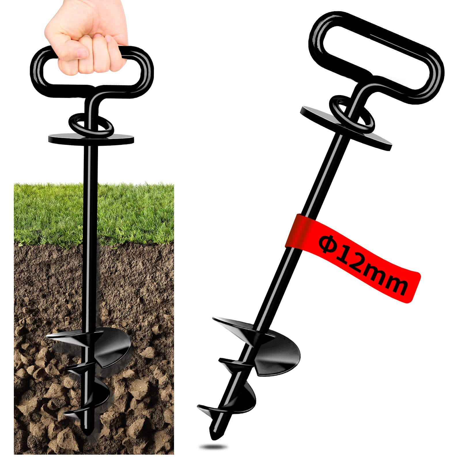 Ground Anchor Dog, 12mm Dog Stake for Medium to Large Dogs up to 220 lbs, Spiral Blade Dog Stake for Yard Beach Lawn Outdoor (Black)