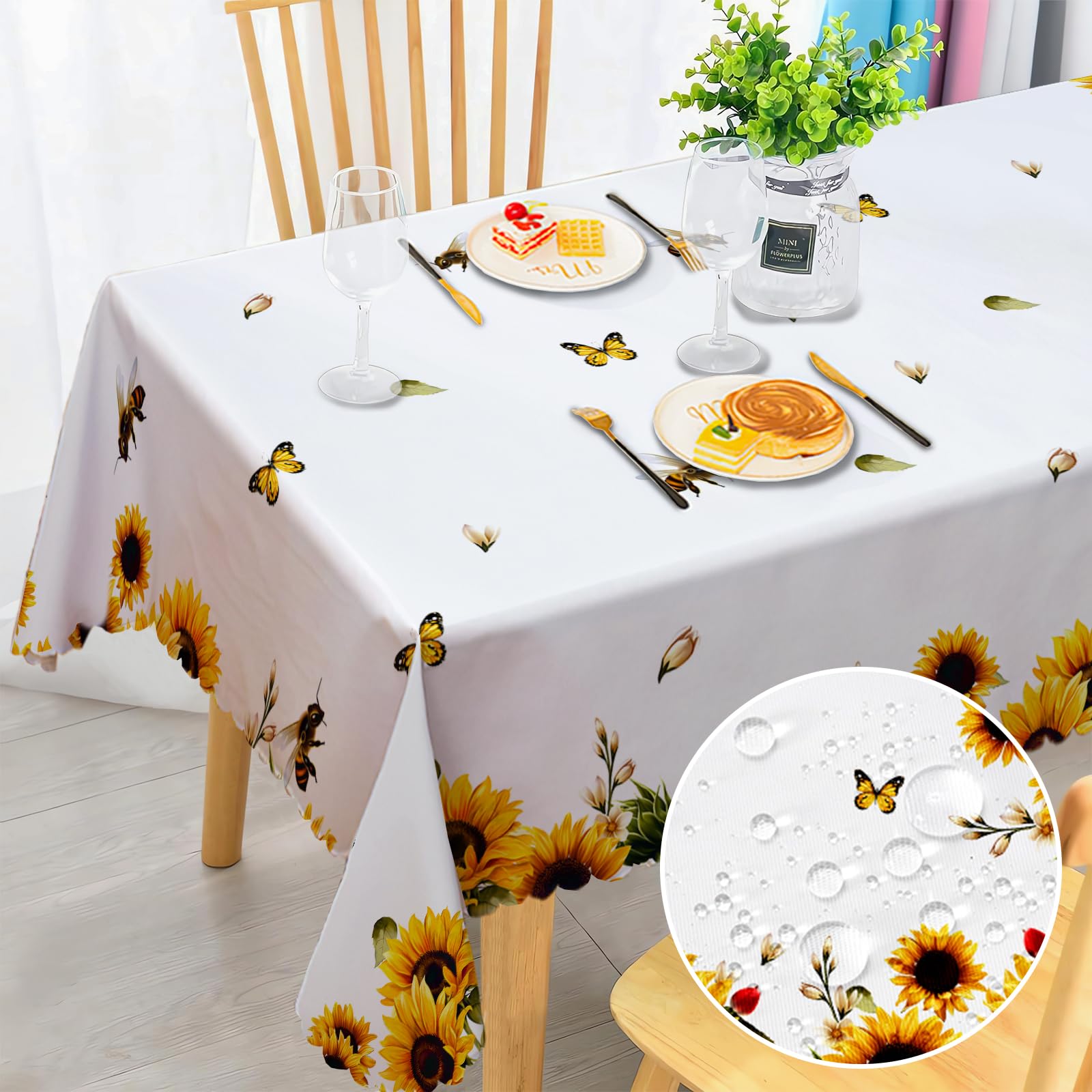 Rectangular Tablecloth Wipe Clean, Wipeable Waterproof Bee Polyester Tablecloths, Table Cloth Wrinkle Resistant Table Cover for Home Dinner Kitchen Party Picnic Outdoor 140x180cm
