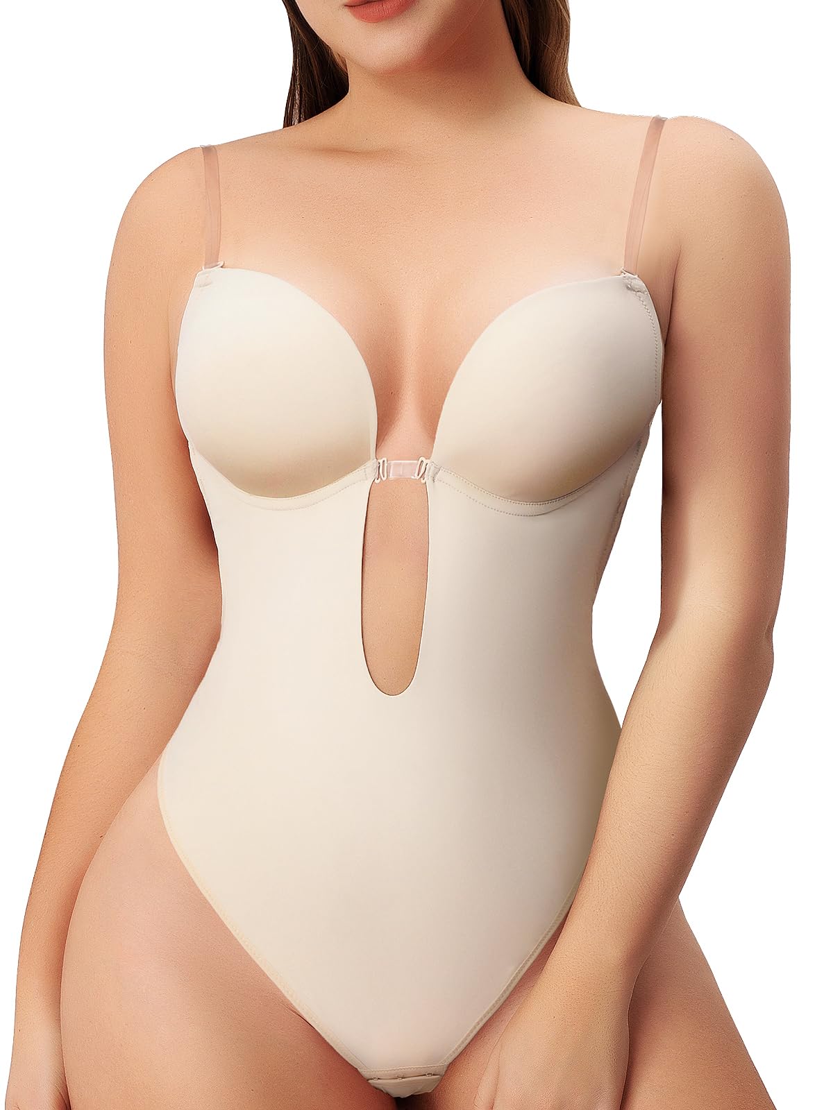 Photo 1 of Women Shapewear Backless Body Bra Shaper Womens Plus Size Plunge Invishaper Low Back Thong Bodysuits Open Crotch Daily Use((Beige L)