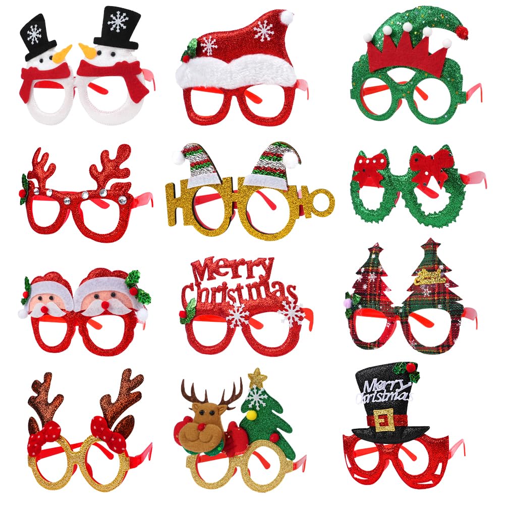 Ainiv 12PCS Christmas Glasses, Novelty Xmas Glasses, Christmas Decoration Costume Party Glasses Frame, Fiesta Eyeglasses, Masquerade Masks, Christmas Party Decorations for Adults Kids