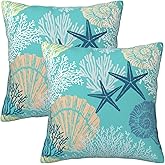 Tebjh Coastal Beach Pillow Covers 18x18 Set of 2, Starfish Coral Seahorse Throw Pillow Covers Outdoor Decorative Pillow Case for Couch Bed Sofa Cushion Home Decor