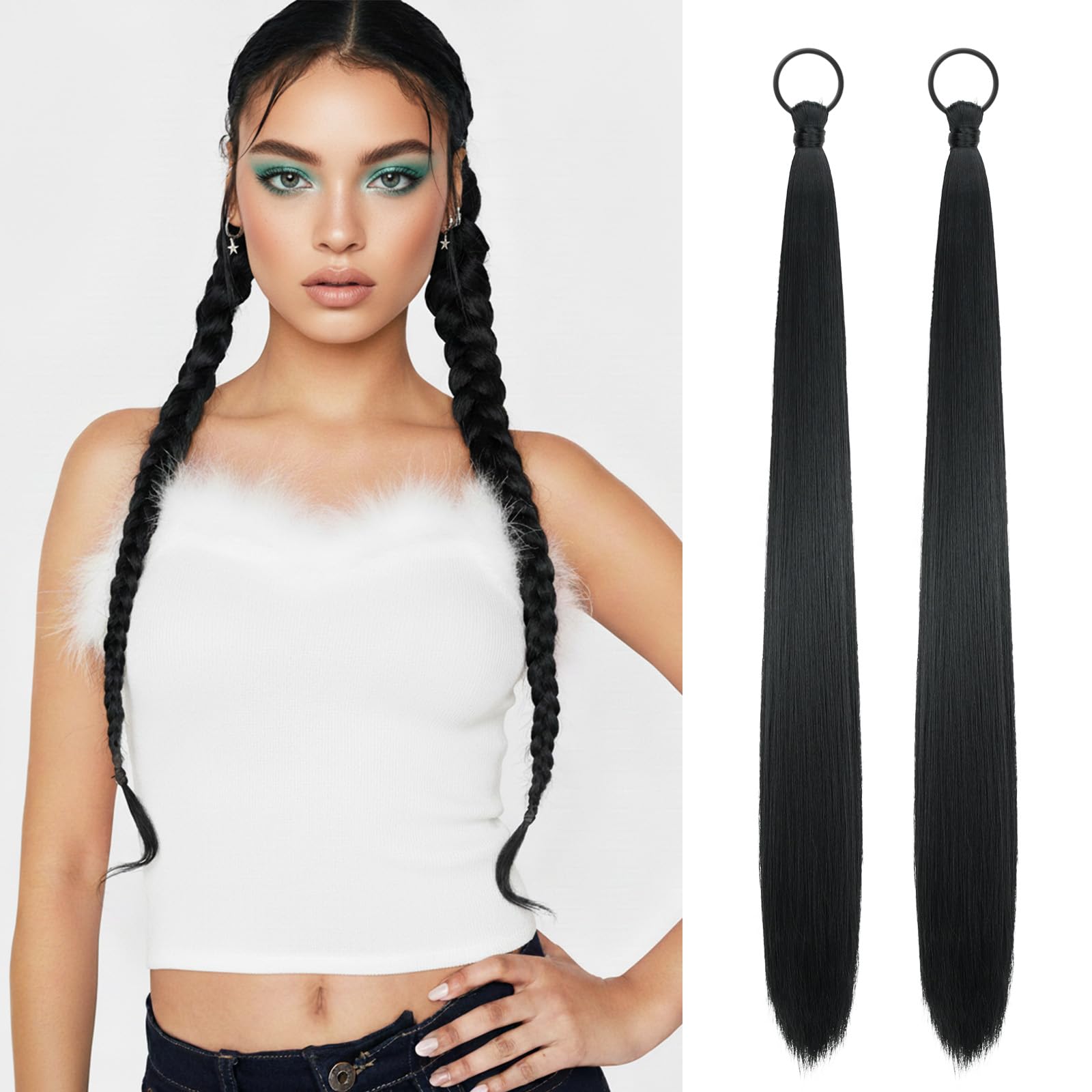 Photo 1 of 2 PCS Black Ponytail Extension with Hair Tie DIY Braided Ponytail Extension Warp Around Yaki Straight Sleek Hairpieces Light and Soft Fluffy Stayle Ponytail for Women Daily Party Use