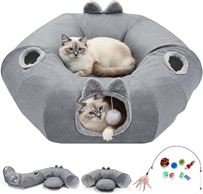 Odoland Cat Tunnel with Bed Linen Donut Foldable Large Pet Bed