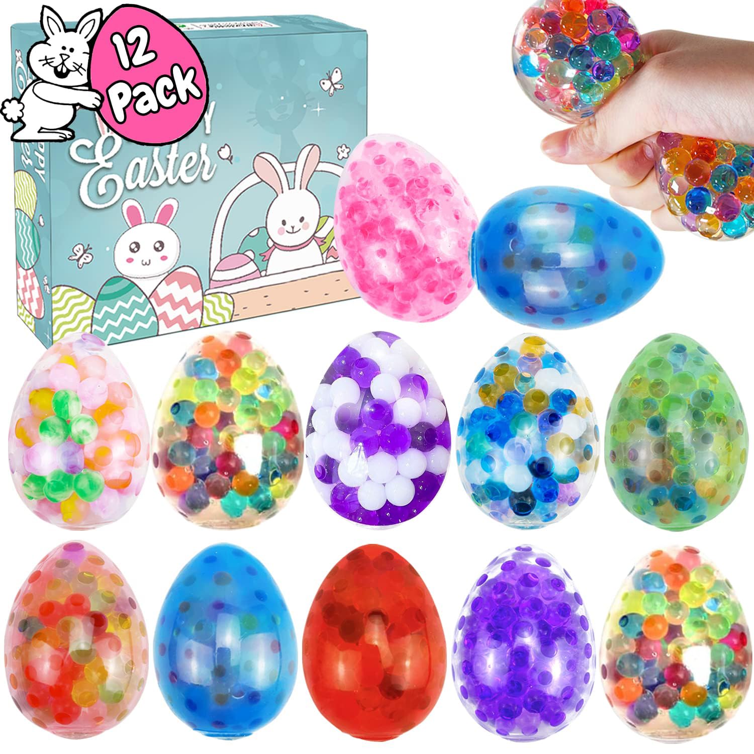 12Pcs Easter Egg Stress Balls, Easter Basket Stuffers, Easter Egg Fillers, Squishy Squeeze Balls for Adults, Easter Egg Hunt, Party Favors Classroom Prizes