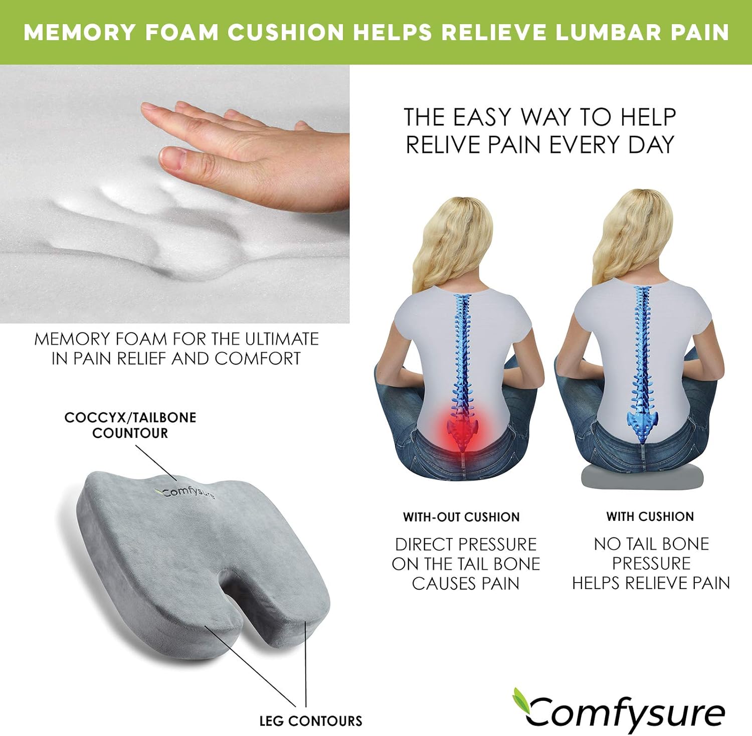 ComfySure Memory Foam Seat Cushion with Removable Microfiber Cover - Coccyx, Tailbone, Sciatica, Lower Back Support and Pain Relief - Fits Most Office, Desk, Computer Chairs and Car Seats: Home & Kitchen