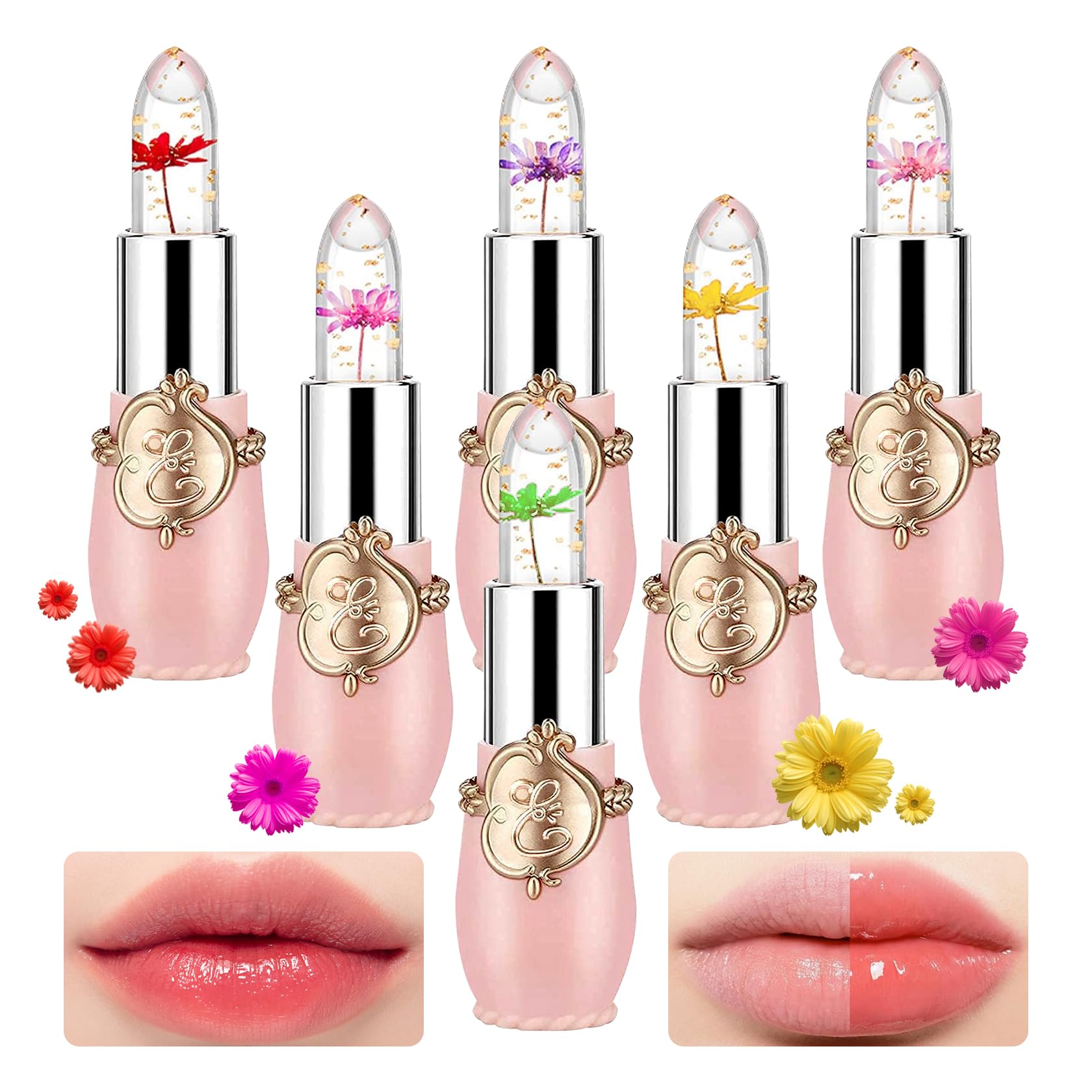 Photo 1 of 6PCS Crystal Flower Jelly Lipstick Set,Moisturizing Color Changing Lip Gloss Set,Clear Tinted Magic Lip Stain Moisturizer Gift Set,Waterproof Lip Balm Set,Long Lasting Hydrating Lipgloss for Women