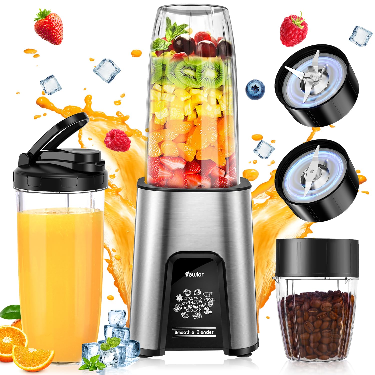 ジューサー ミキサー【1台多役・850W ハイパワー ·790ML大容量】VEWIOR ブレンダー 氷も砕ける スムージー/野菜/果物/ジュース/コーヒーミル/離乳食用/ミルクセーキ 二つボトル 790ml*1+300ml*1大容量 6枚刃25000r/min 高速回転 コンパクト おしゃれ プレゼント 水洗い可能 過熱保護 ギフト キッチン/アウトドア/旅行/出張/ジム/オフィス (シルバー)商品画像