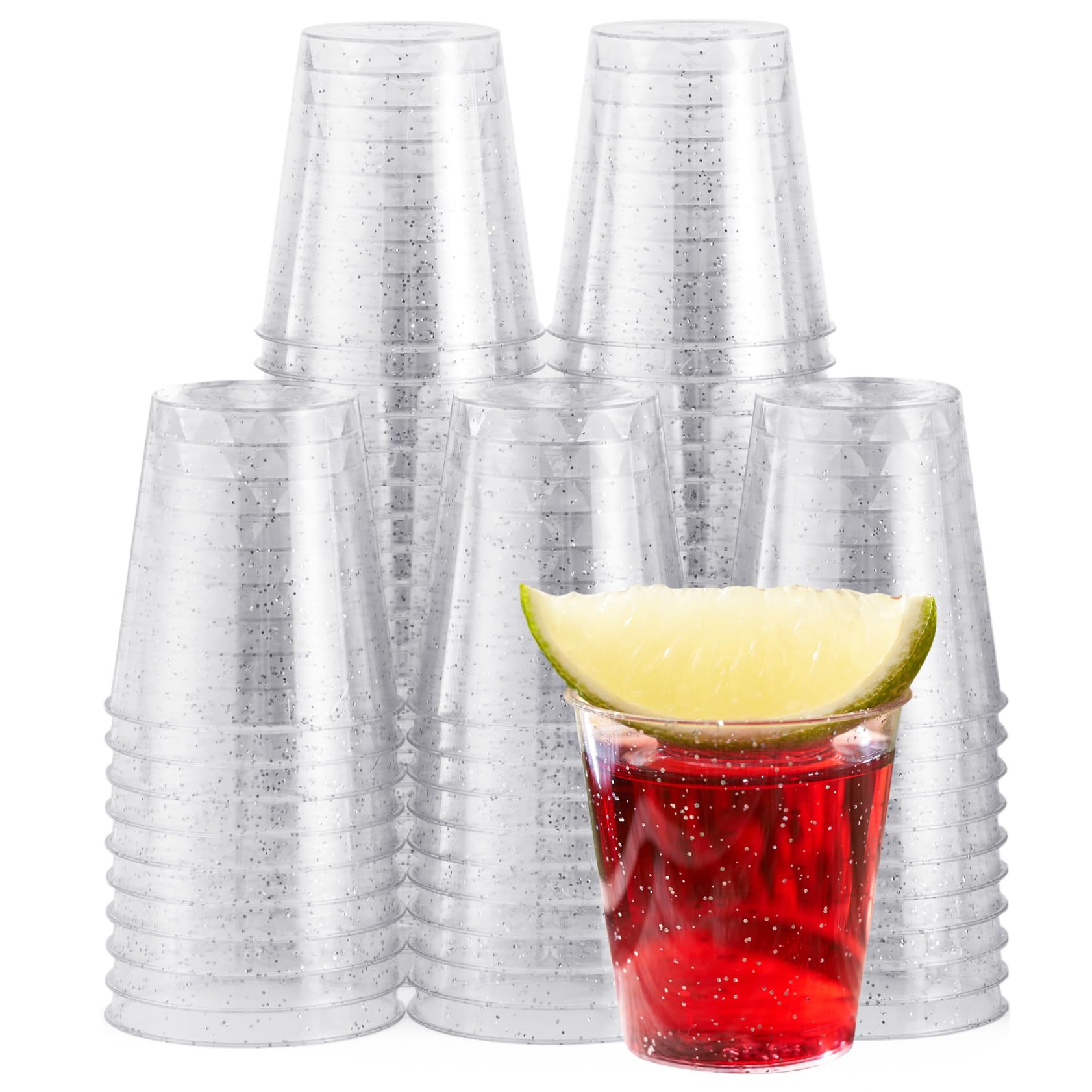 MATANA 60 Plastic Shot Glasses, Silver Glitter (30ml / 1oz) - Reusable - Jelly Shots, Sample Tasting Cups for Parties, Birthdays, Weddings, Hen Parties