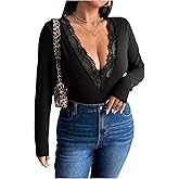 SOLY HUX Women's Plus Size Contrast Lace Deep V Neck T Shirt Long Sleeve Slim Fit Tee Top