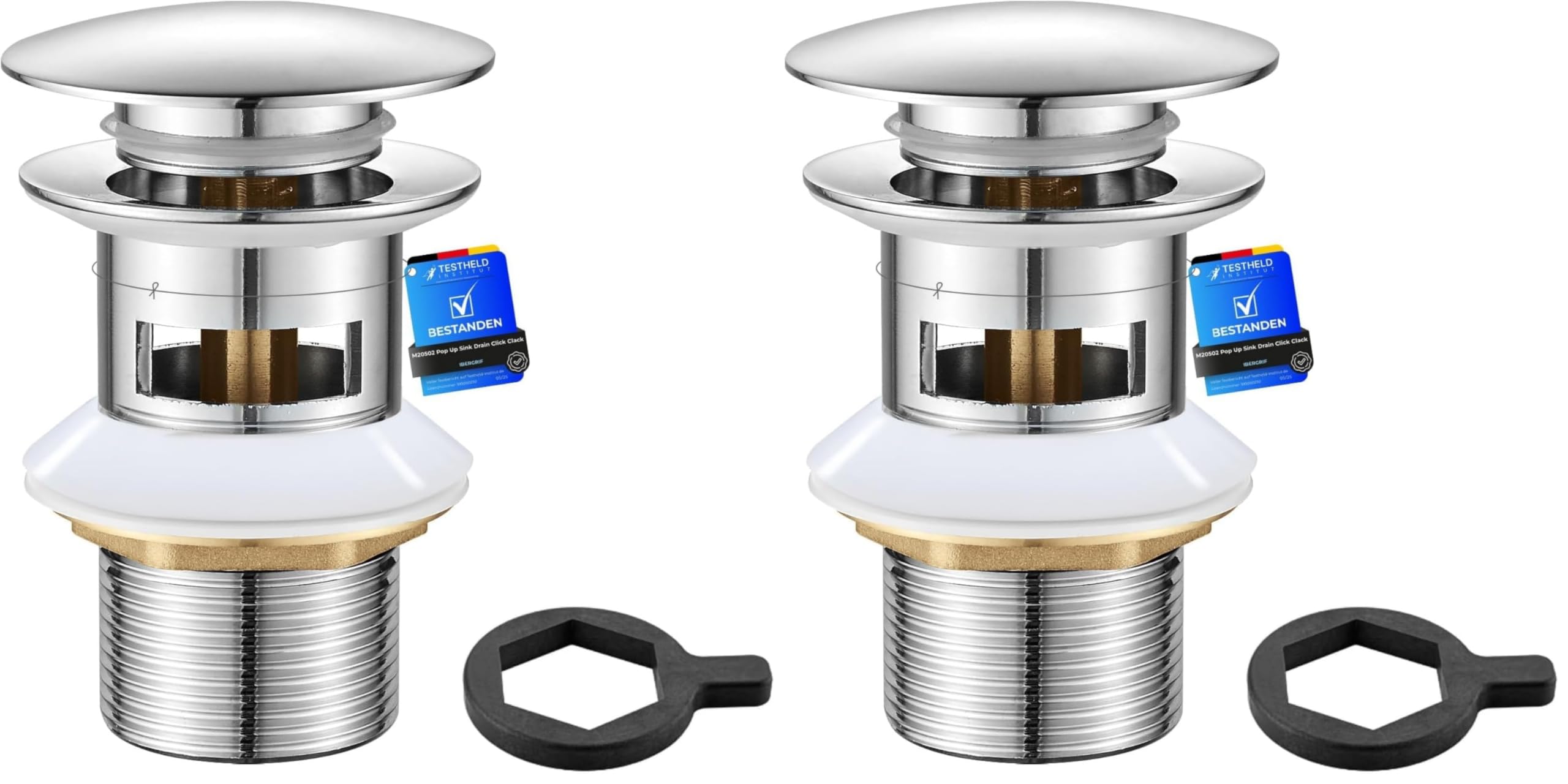 M20502 Pop Up Sink Plug Replacement, Basin Waste, Slotted Click Clack Waste with Overflow, Bathroom Sink Plug, 1/4" BSP, Chrome (Pack of 2)