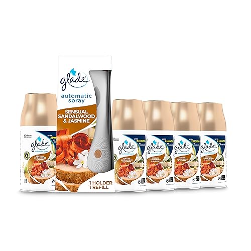 Glade Automatic Air Freshener Holder & Refill, Long-lasting Fragrance Infused with Essential Oils, Sandalwood & Jasmine, 1 Starter Kit, (1 x Holder and 5 x Refills)