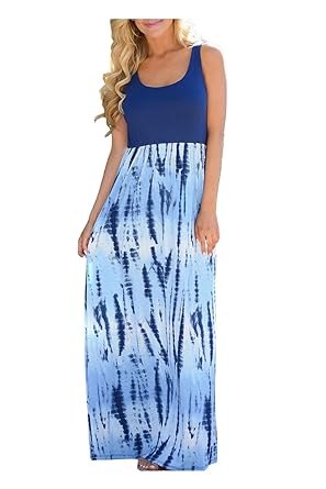 Issza Damen Sommerkleid Lang Kleid Maxikleid Drucken Ärmellos Strandkleid Rundhals High Waist Cocktailkleid Abendkleid Partyk