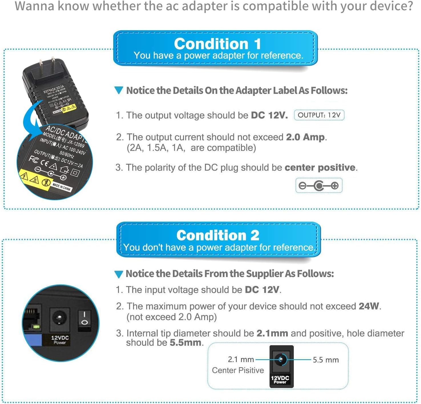 AC Adapter, YIFENG 12V/2A AC DC Switching Power Supply Adapter(Input 100-240V, Output 12V 2A) with DC Connector Gift : Electronics