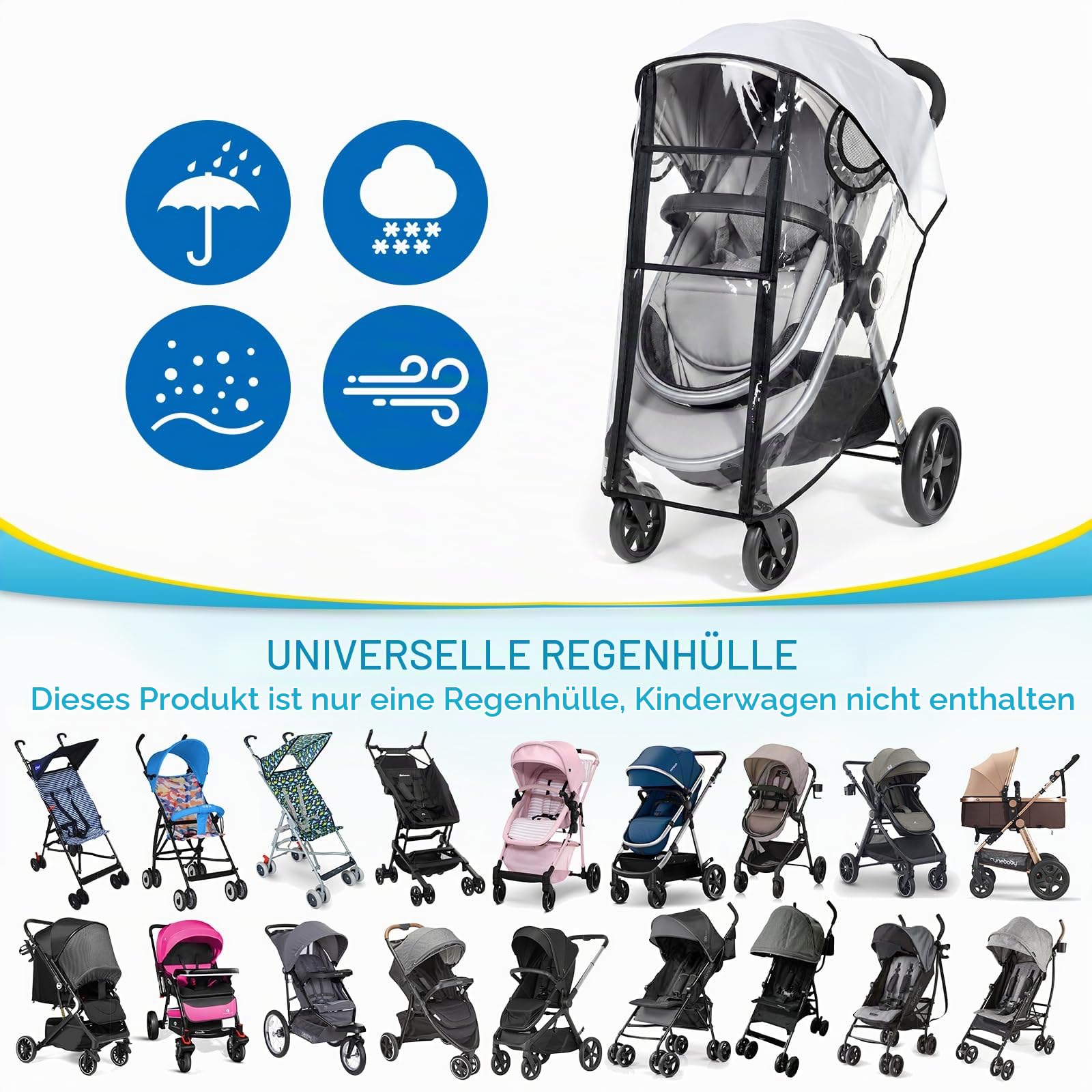 Orzbow Regenschutz Kinderwagen Universal, mit Klarsichtscheibe, Schwarz 6