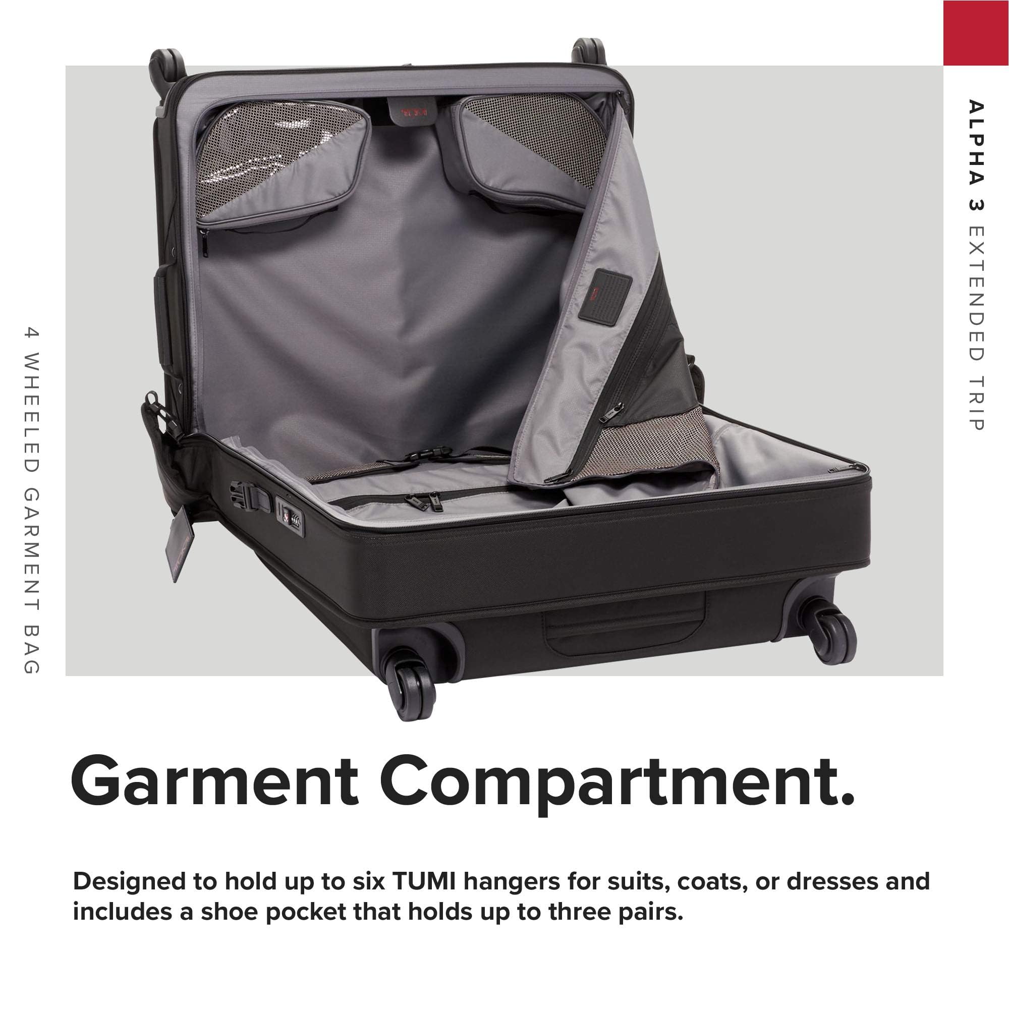 TUMI Alpha Extended Trip 4 Wheeled Garment Bag - 4-Wheeled Clothing Bag for Hanging Suits, Dresses & Coats - With TSA Lock - Black