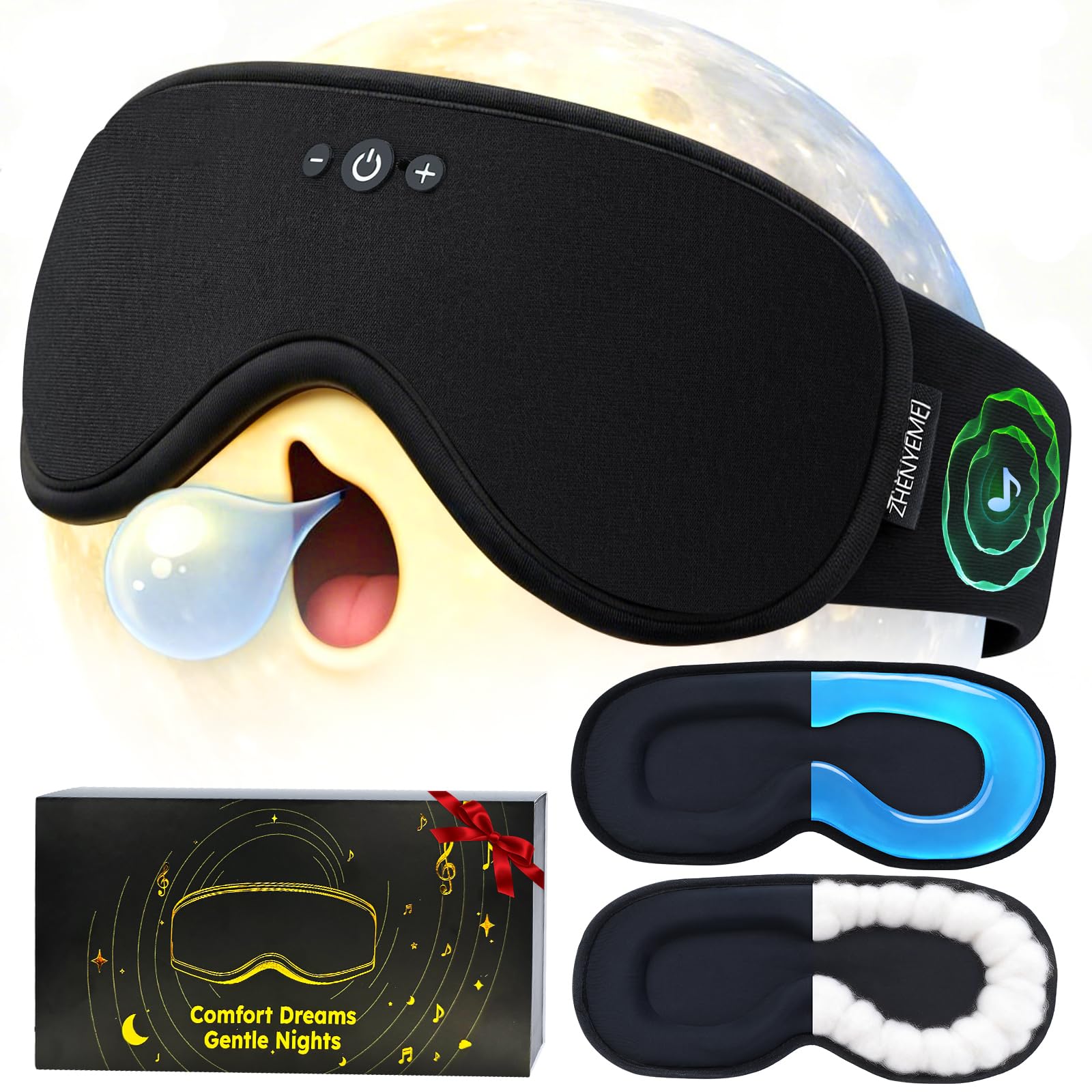 Photo 1 of 2 in 1 Smart Bluetooth Bamboo Cotton Sleep Mask Headphones, 3D Weighted Compress Cooling Gel Eye Mask 100% Blackout Sleep Mask Zero Eye Pressure|Warm&Cooling mask Hot Cold Therapy Sleep Headphones