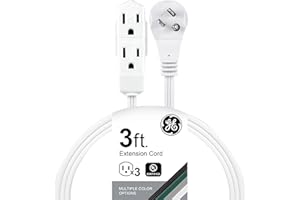 GE 3-Outlet Flat Extension Cord 3 Ft Grounded Extension Cord with Multiple Outlets 3 Prong Outlet Extender Flat Plug Power Strip Indoor 16 Gauge UL Listed White 69869