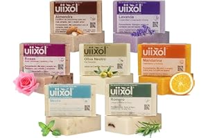 Uiixol Kit de 7 Jabones Artesanales en Barra con Aromaterapia | Jabón Corporal Natural con Lavanda, Menta, Romero, Mandarina, Rosas, Almendra y Oliva | Vegano 100 g c/u