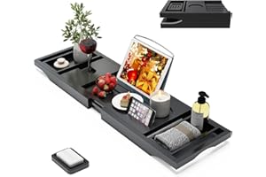 BAMBUROBA Bamboo Bathtub Caddy Tray Expandable for Luxury Bath, Bath Accessories & Table with Wine Glass Holder, Book Stand Bathroom Organizer with Extending Sides for Men/Women,Black
