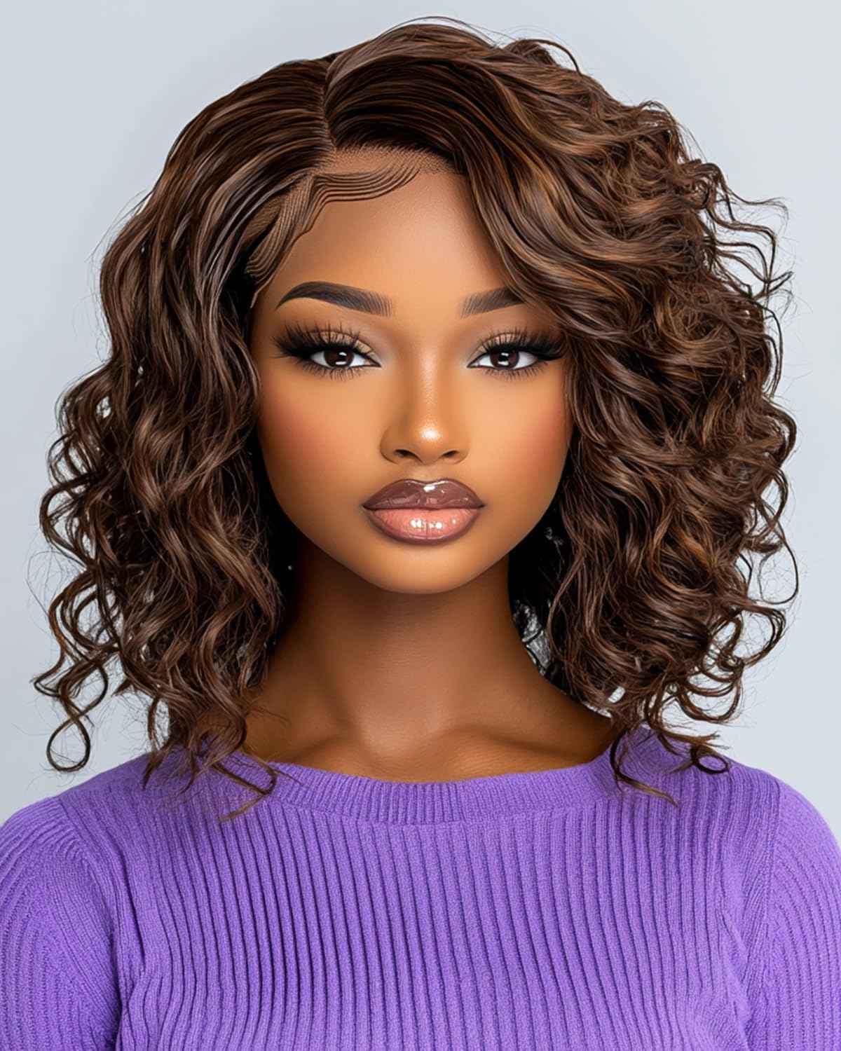 FASHION IDOL Short Curly Human Hair Bob Wigs for Women Wear and Go Deep Wave Lace Front Wig C-Part Shouder Lenth Wig Pre plucked with Baby Hair Natural Black 150% Density