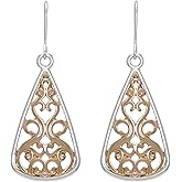 Bonaluna Boho Chic Gold & Silver Two Tone Filigree Triangle Dangle Drop Earrings for Women