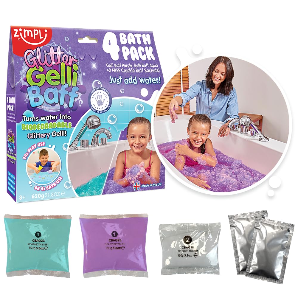 ZIMPLI - Glitter Gelli Baff Purple & Aqua, 4 Bath Pack, Including 2 x Crackle Baff, Magically turns water into thick, colourful goo, Sensory Bath Toy